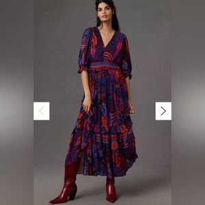 Farm Rio Short-Sleeve V-Neck Tiered Ruffled Midi Dress